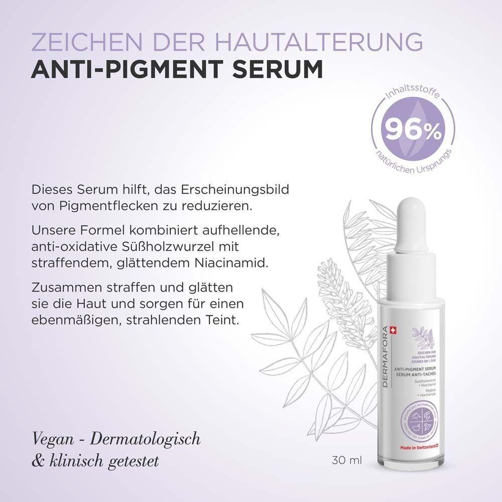 DERMFORA Anti-Pigment Serum Flasche (30ml) mit Pipette, Text über Hautalterung und Inhaltsstoffe.