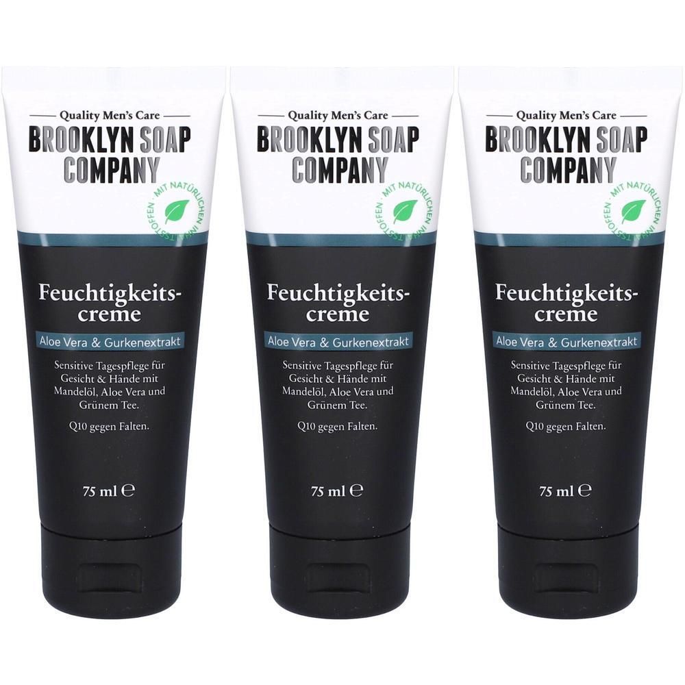 Drei Tuben Brooklyn Soap Company Feuchtigkeitscreme mit Aloe Vera & Gurkenextrakt, 75 ml.