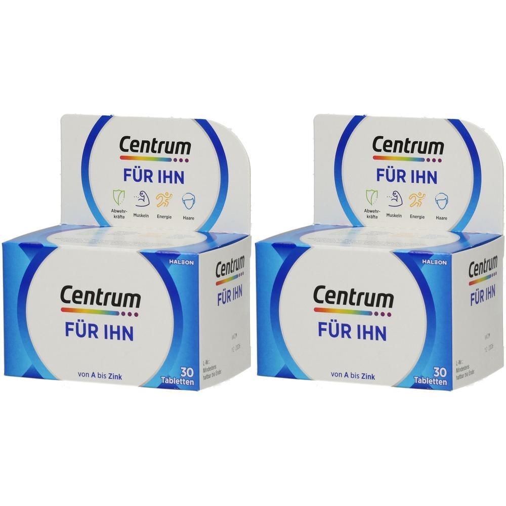Zwei Packungen Centrum FÜR IHN Tabletten, jeweils 30 Stück. Enthält Vitamine von A bis Zink.