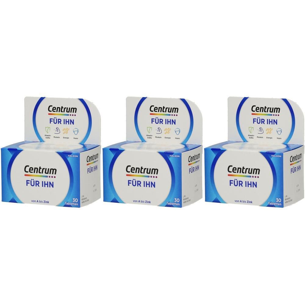 Drei Packungen Centrum für Ihn Multivitamin-Tabletten, jeweils mit 30 Tabletten.