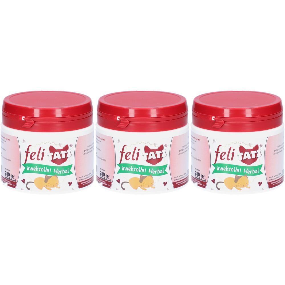 Drei Behälter mit rotem Deckel, FELITATZ INSEKTOVET HERBAL, 250g.