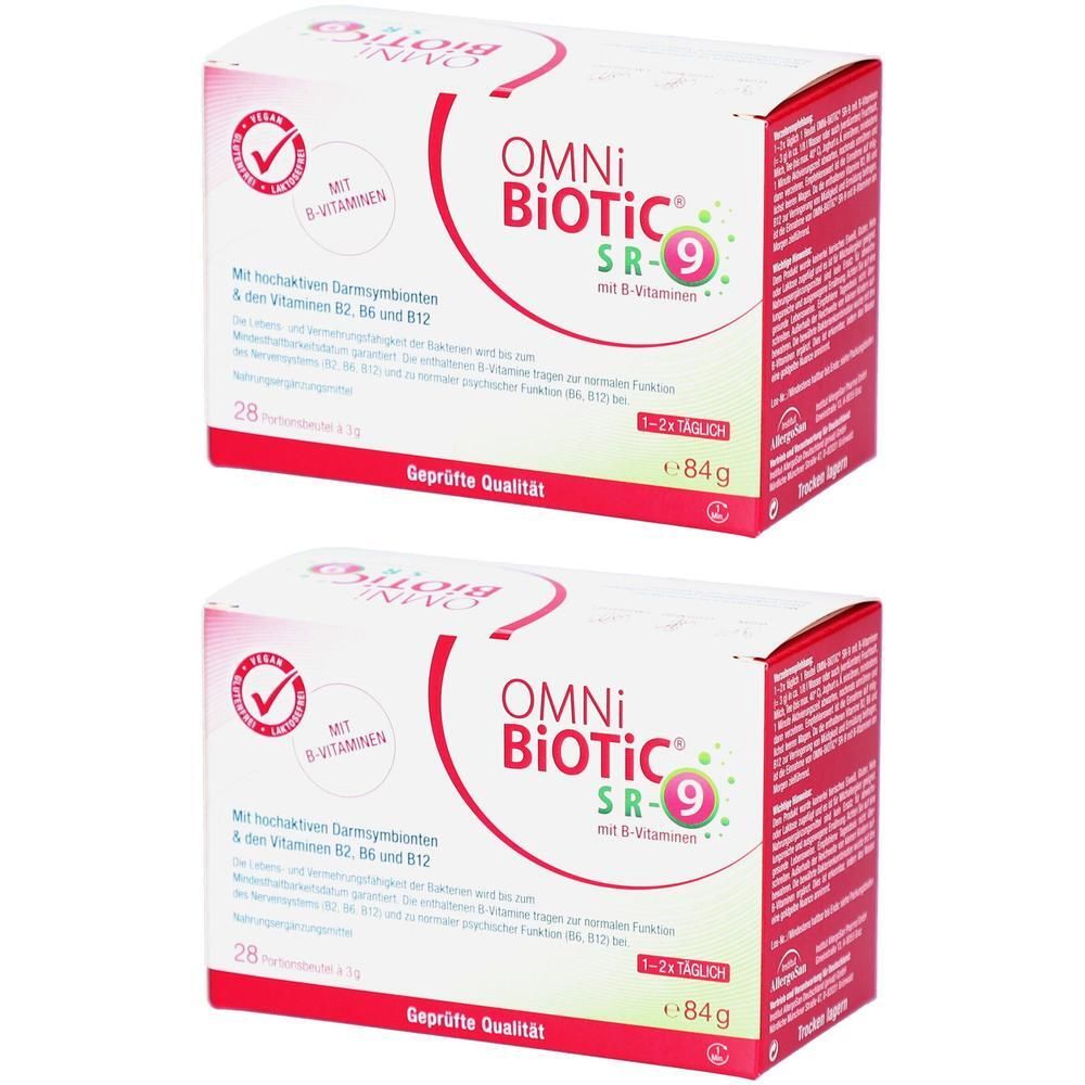Zwei Packungen OMNI-BIOTIC SR-9 mit B-Vitaminen. Jede Packung enthält 28 Beutel à 3g.