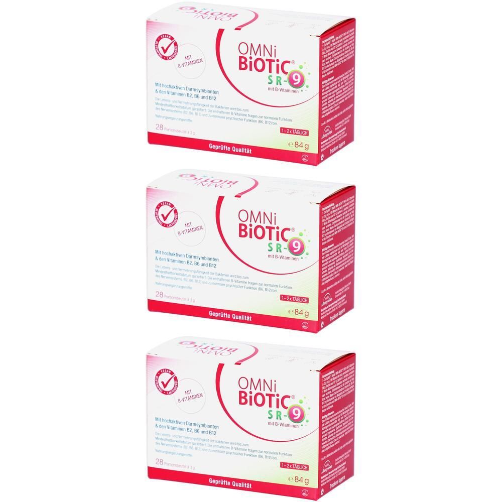 Drei Packungen OMNI-BIOTIC SR-9 mit B-Vitaminen. Jede Packung enthält 60 Kapseln.