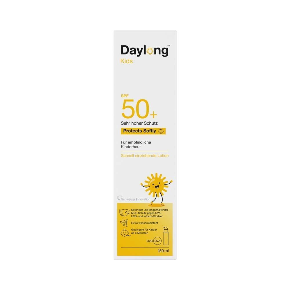 Vorderseite einer Flasche DAYLONG KIDS Sonnenschutzmittel LSF 50+ mit gelbem Verschluss.