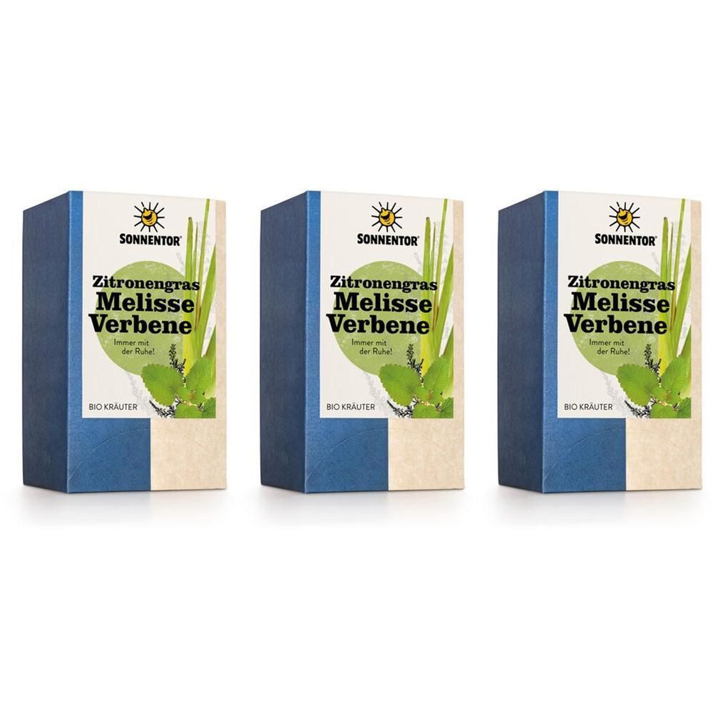 Drei Packungen Sonnentor Zitrone-Melisse-Verbene Bio-Kräutertee mit Kräuterabbildung und Sonne-Logo.