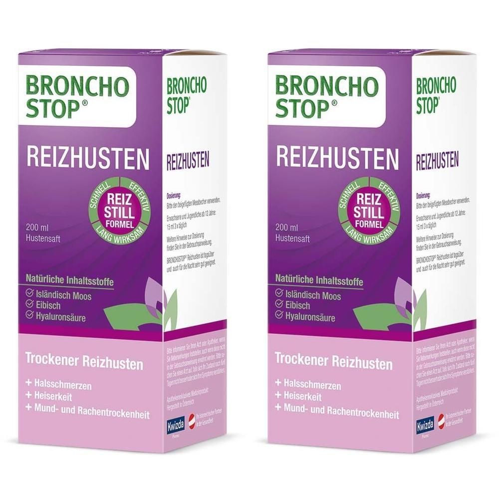 Zwei Packungen BRONCHOSTOP Reizhusten Hustensaft, 200 ml. Mit natürlichen Inhaltsstoffen wie Isländisch Moos, Eibisch und Hyaluronsäure.