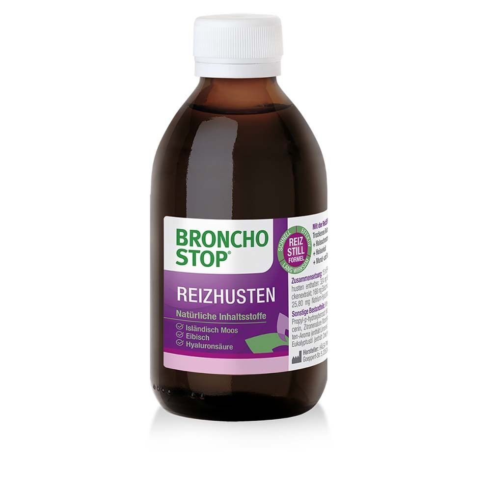 Eine Flasche BRONCHOSTOP Reizhusten Hustensaft, 200 ml. Dunkle Flüssigkeit in Braunglasflasche mit weißem Schraubverschluss.