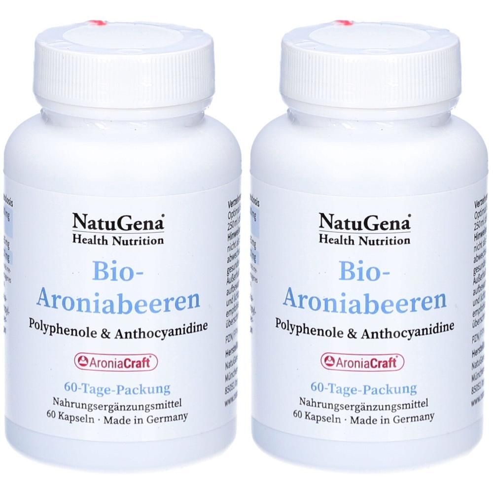 Zwei Flaschen NatuGena Bio-Aroniabeeren Nahrungsergänzungsmittel mit je 60 Kapseln.