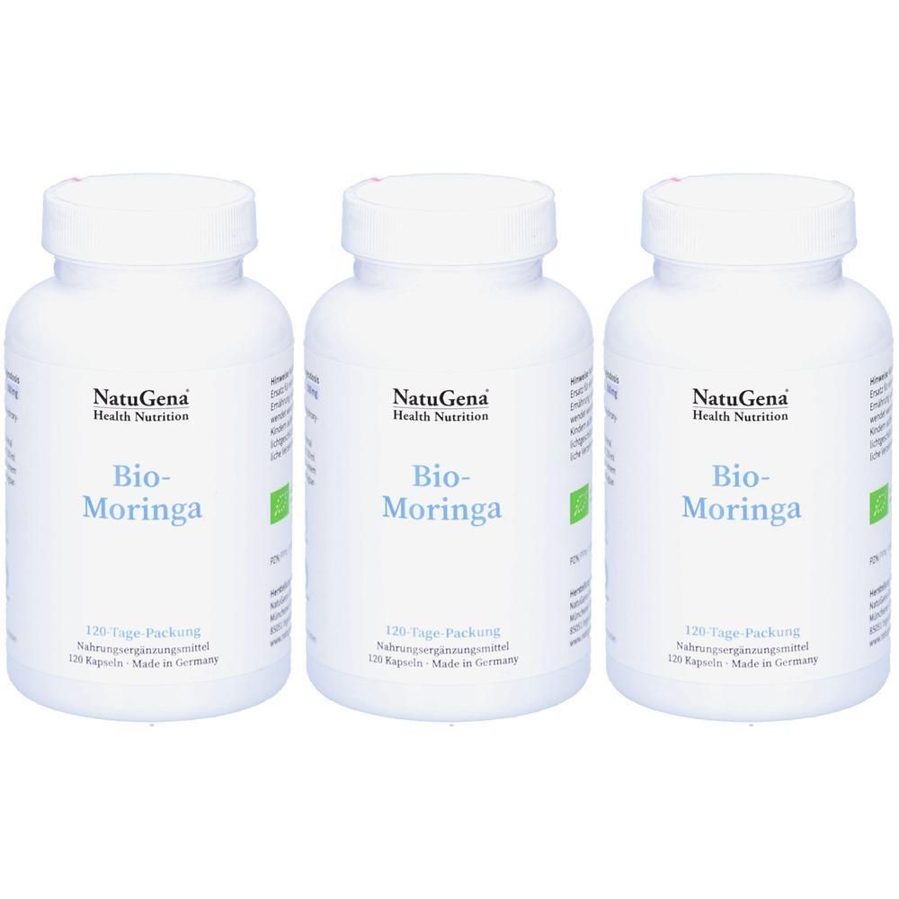Drei weiße Behälter mit NatuGena Bio-Moringa Kapseln. 120 Kapseln pro Behälter.
