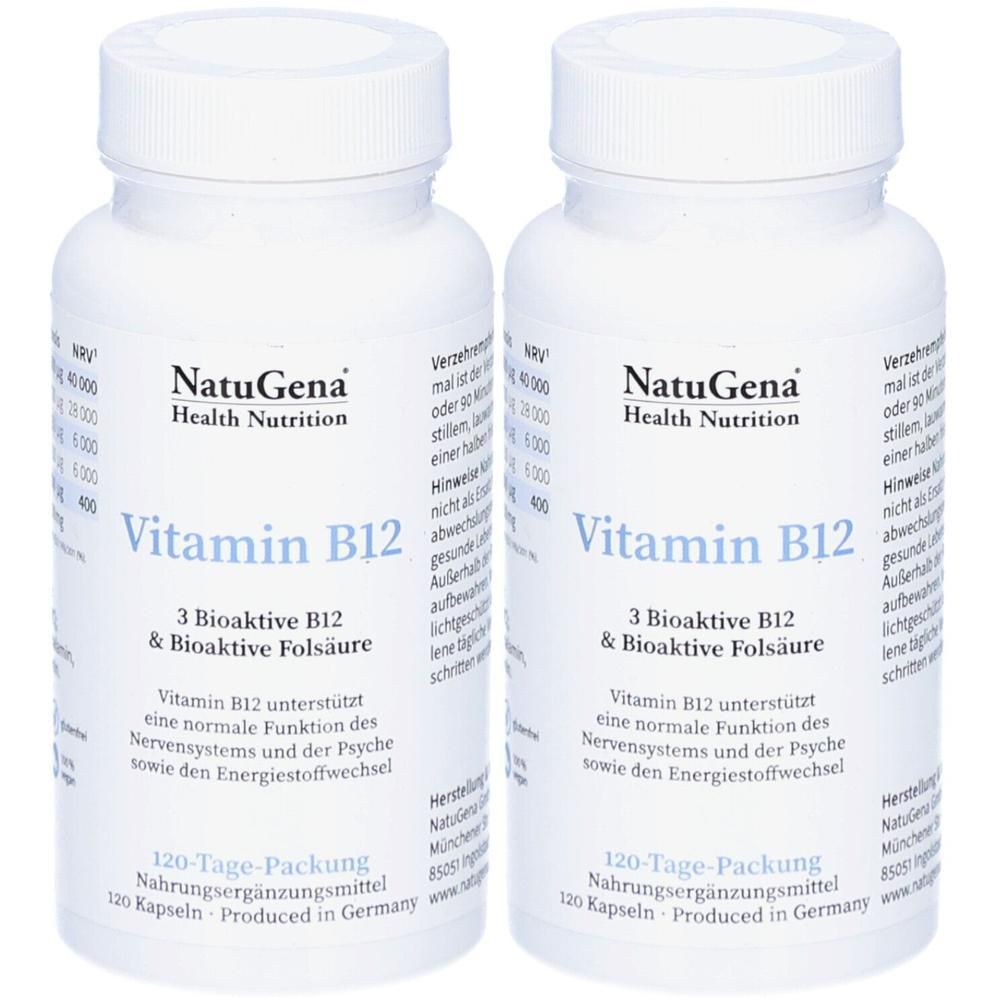 Zwei Flaschen NatuGena Vitamin B12 Kapseln, 120 Kapseln pro Flasche. Enthält 3 Bioaktive B12 & Bioaktive Folsäure.