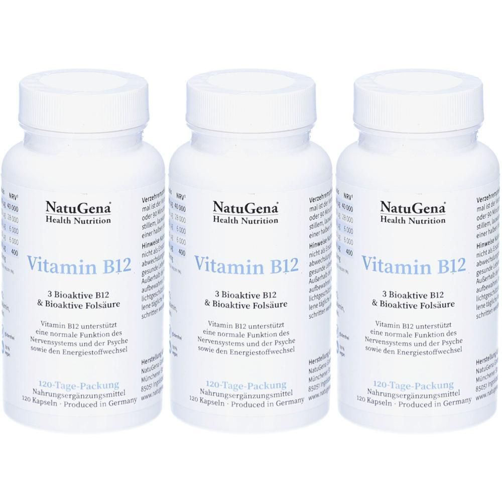 Drei Flaschen NatuGena Vitamin B12 Kapseln, 120 Kapseln pro Flasche.