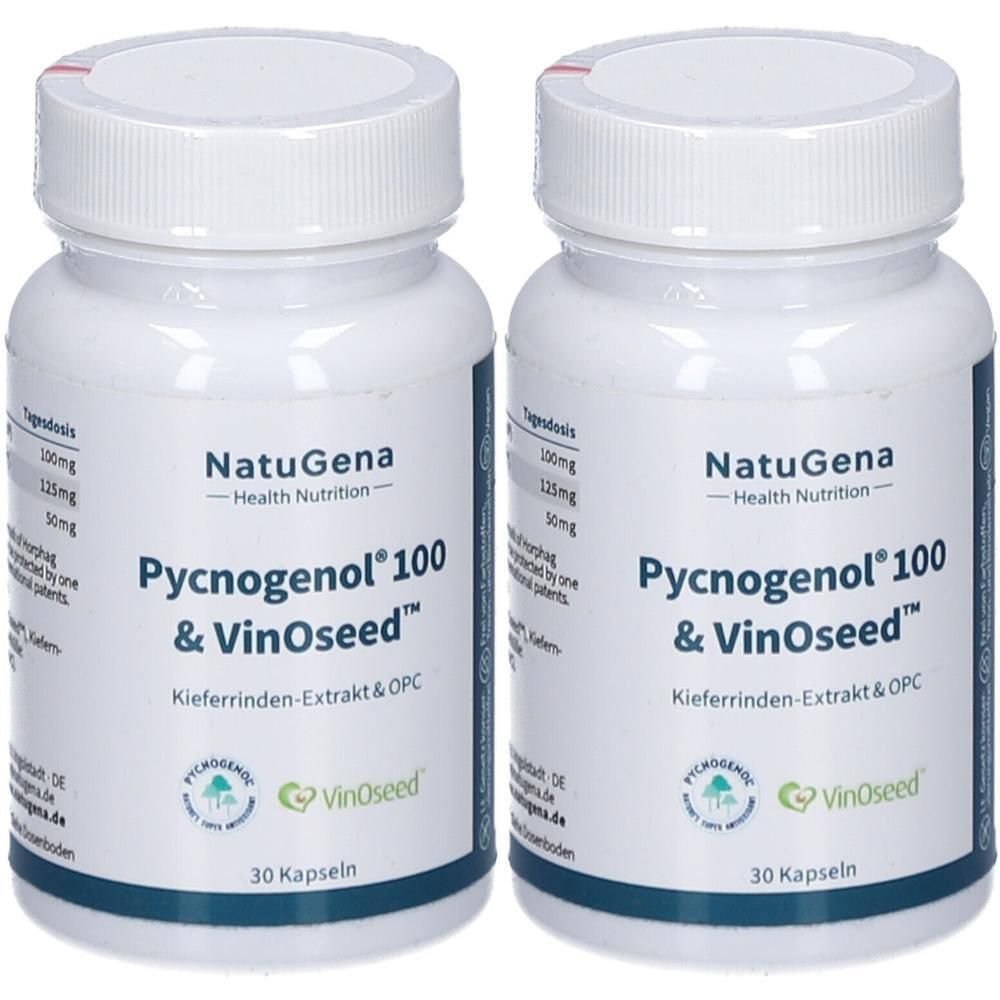 Zwei Flaschen NatuGena Pycnogenol 100 & VinOseed, 30 Kapseln pro Flasche.
