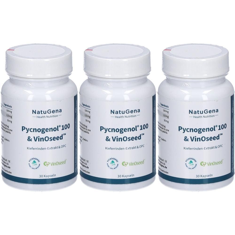 Drei Flaschen NatuGena Pycnogenol 100 & VinOseed, 30 Kapseln pro Flasche.
