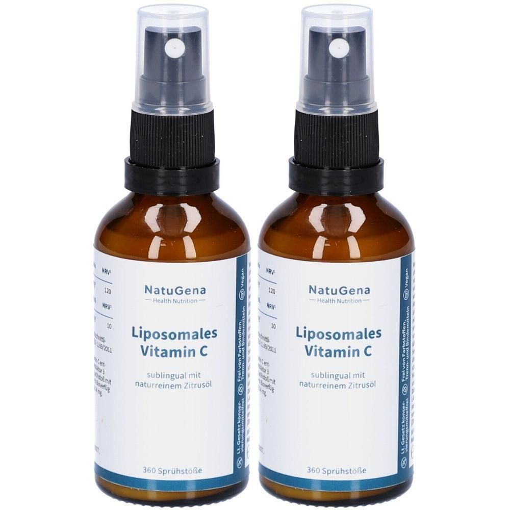 Zwei braune Sprühflaschen NatuGena Liposomales Vitamin C mit transparenten Verschlüssen. Beschriftung auf Deutsch.