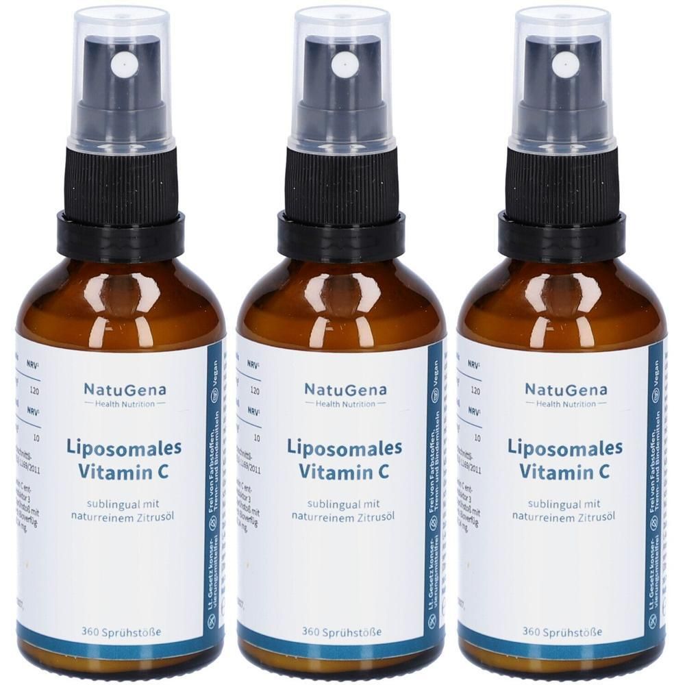 Drei braune Sprühflaschen NatuGena Liposomales Vitamin C mit transparenten Verschlüssen und weißen Etiketten.