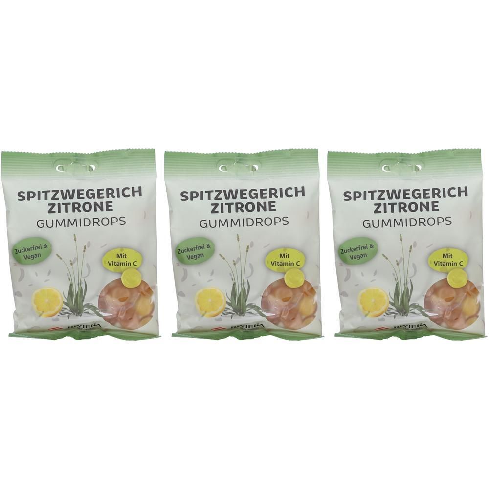 Drei Packungen Spitzwegerich Zitrone Gummidrops, zuckerfrei und vegan, mit Vitamin C.