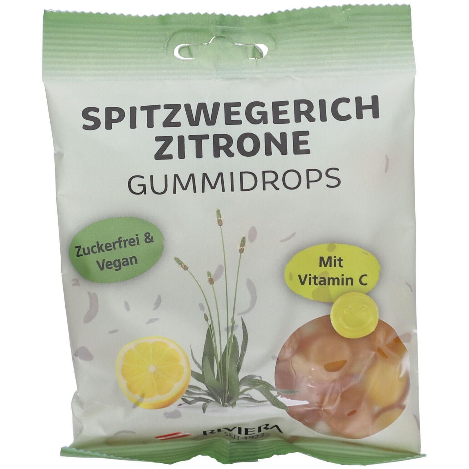Verpackung Spitzwegerich Zitrone Gummidrops, zuckerfrei, vegan, mit Vitamin C.