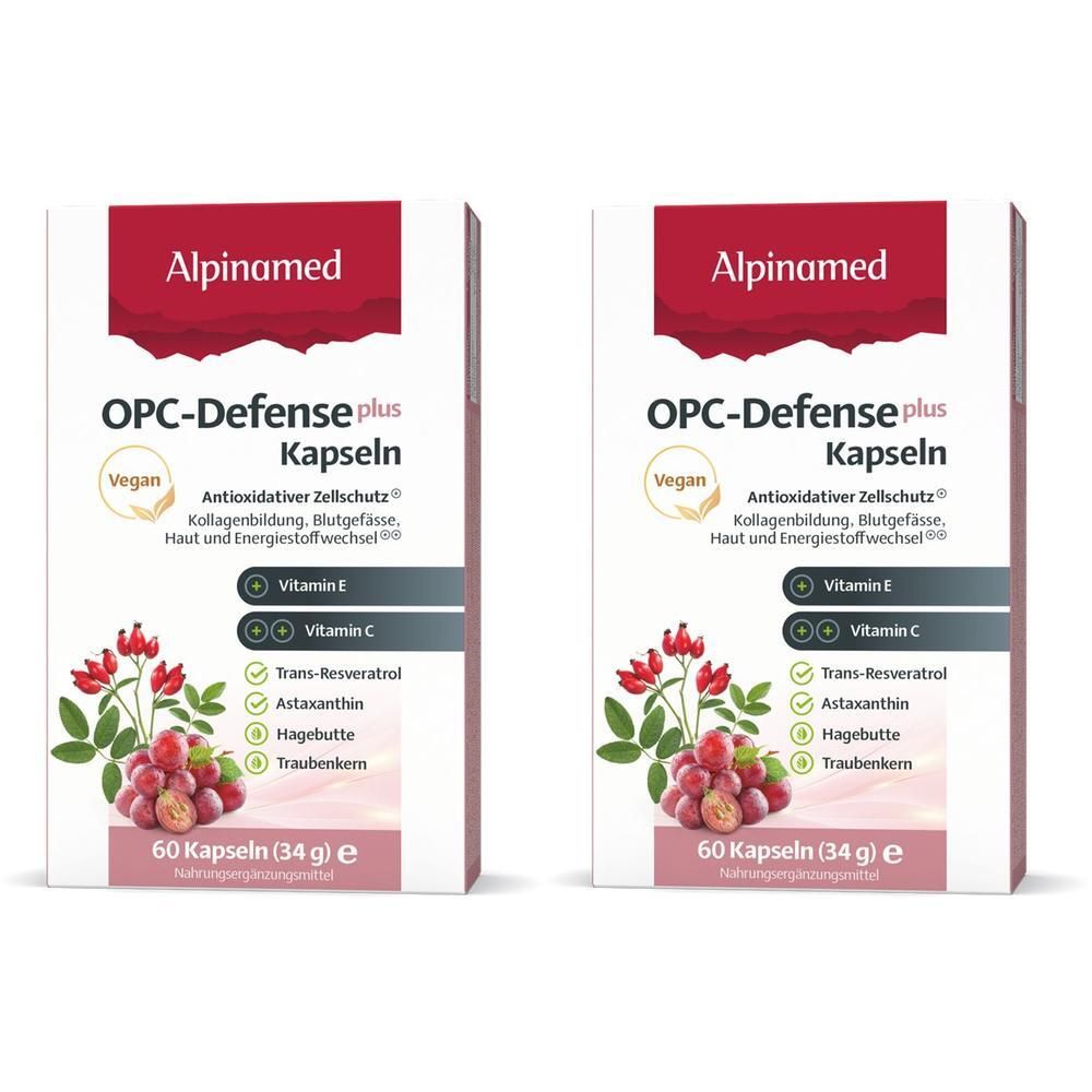 Zwei Packungen Alpinamed OPC-Defense plus Kapseln mit je 60 Kapseln. Enthält Vitamin E, C, Trans-Resveratrol, Astaxanthin, Hagebutte und Traubenkern.