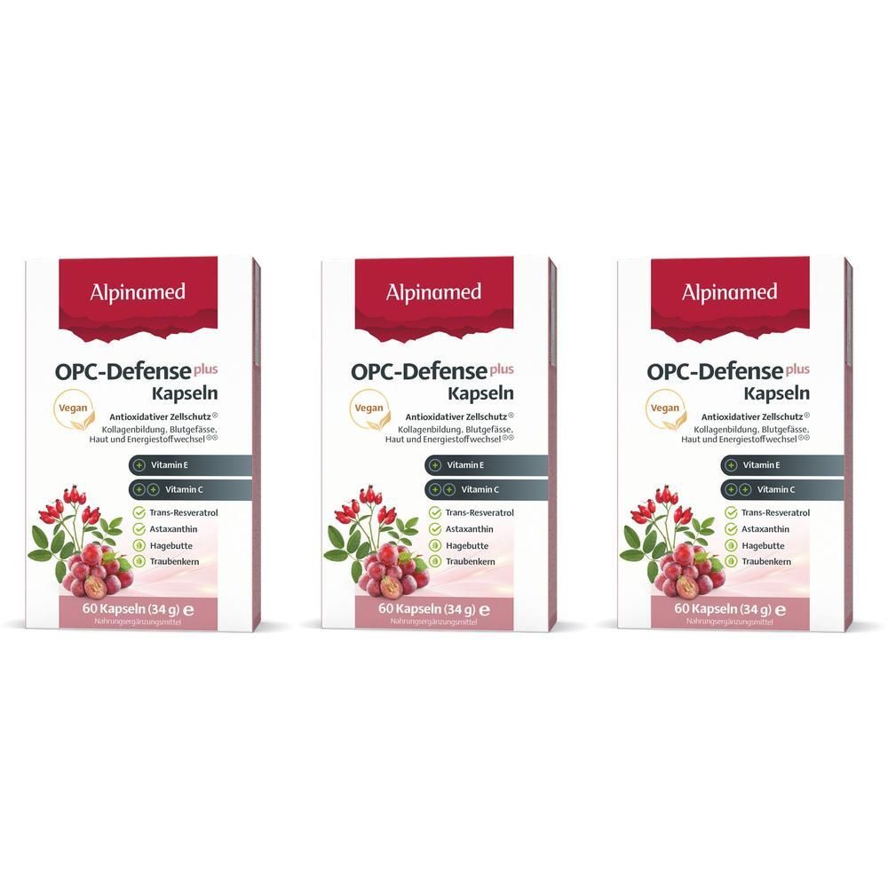Drei Packungen Alpinamed OPC-Defense plus Kapseln mit Abbildung von Trauben und Beeren. Enthält Vitamin C und Trans-Resveratrol.