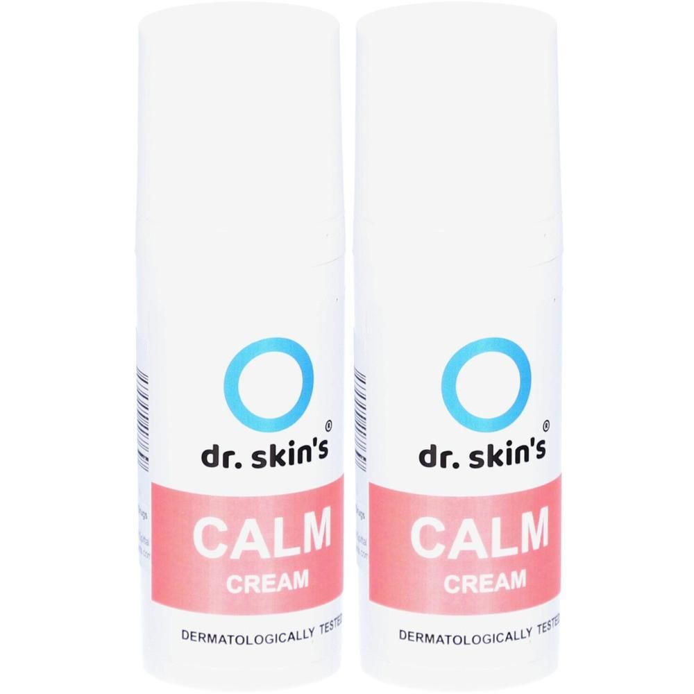 Zwei Flaschen Dr. Skin's Calm Cream mit Aufdruck.