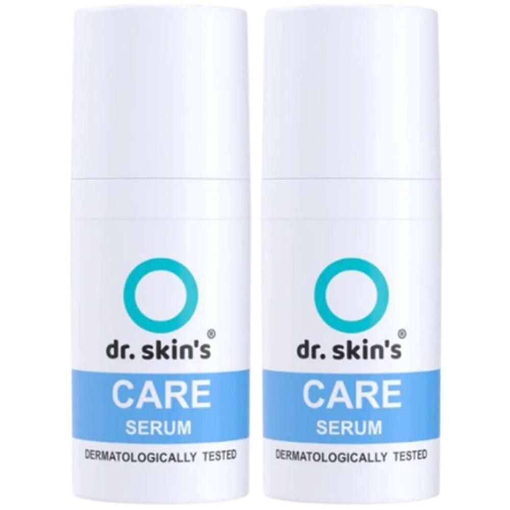 Zwei weiße Flaschen mit Dr. Skin's Care Serum. Dermatologisch getestet.