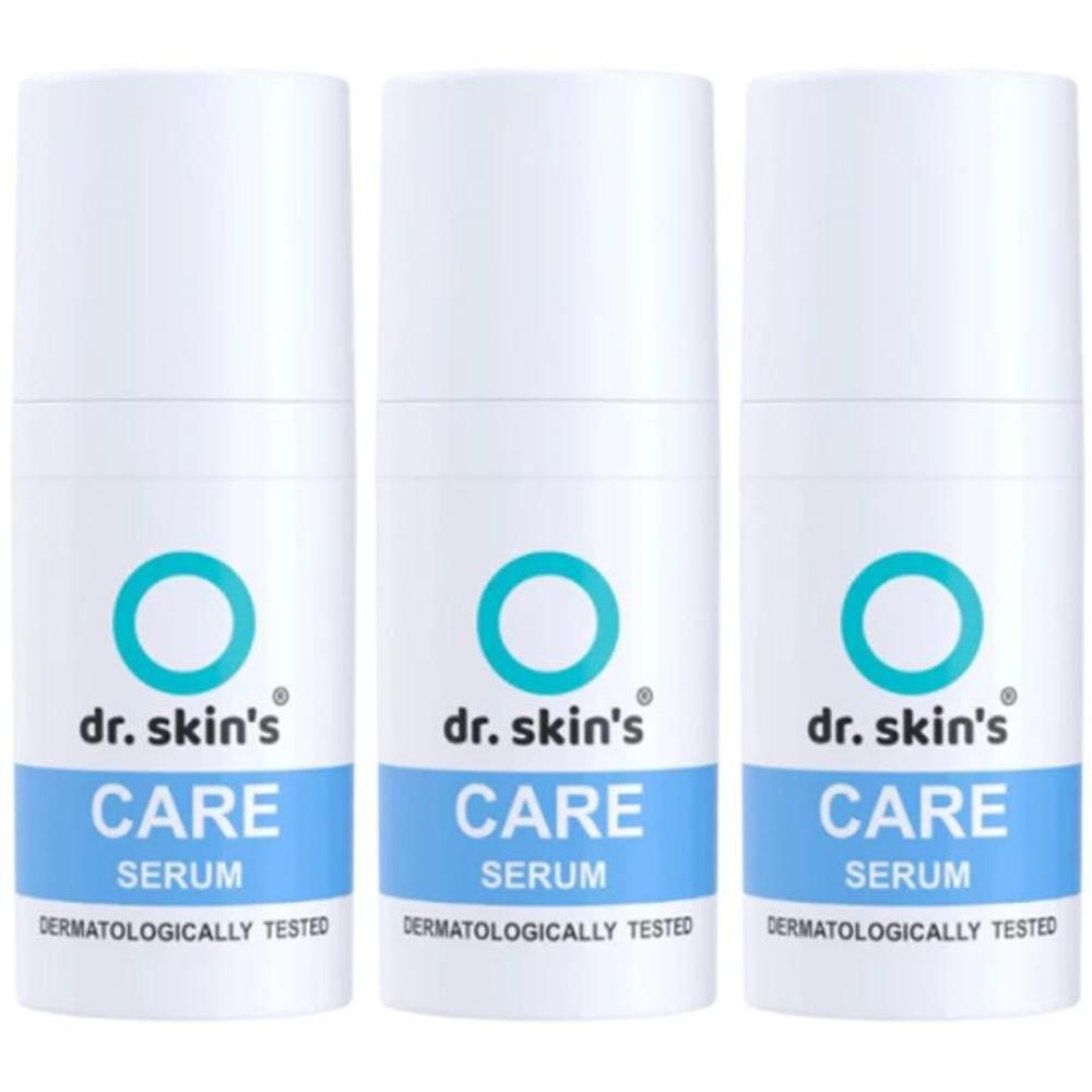 Drei Flaschen Dr. Skin's Care Serum mit blauem Band und Kreislogo. Dermatologisch getestet.