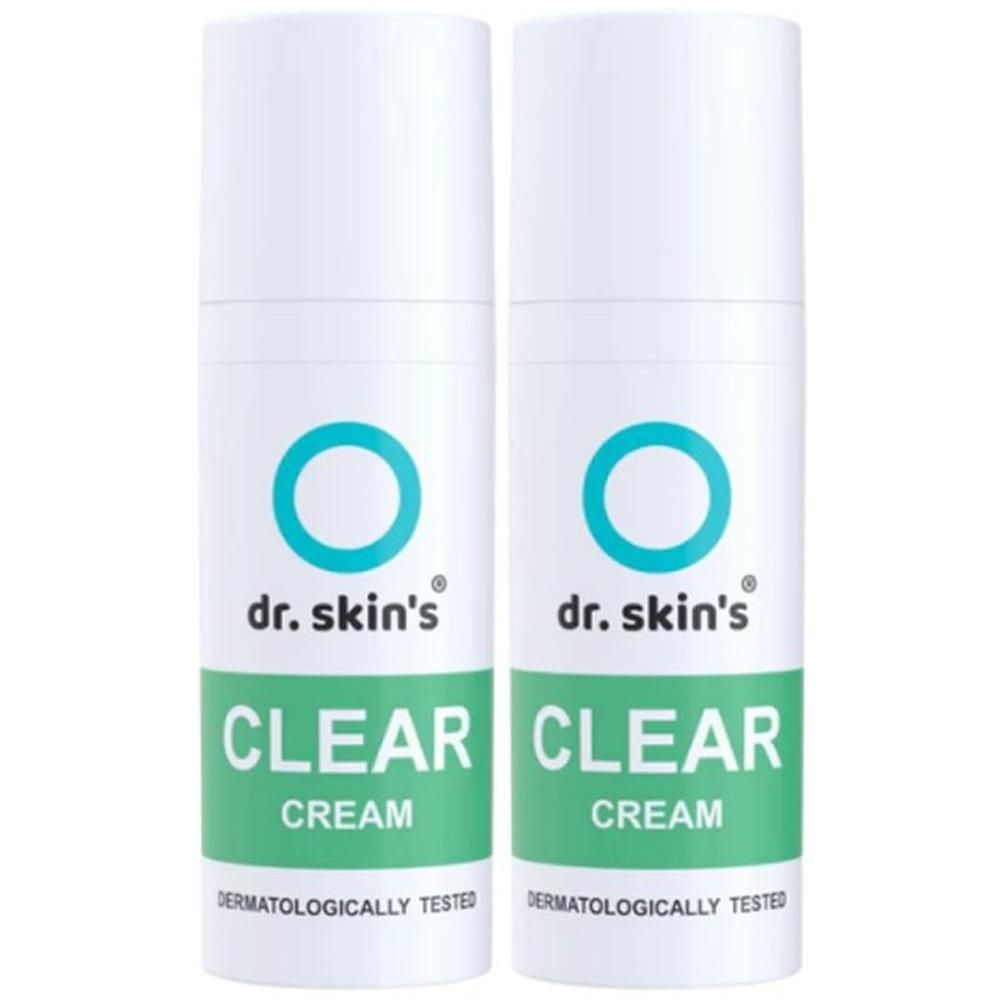 Zwei weiße Flaschen mit Dr. Skin's Clear Cream. Dermatologisch getestet.