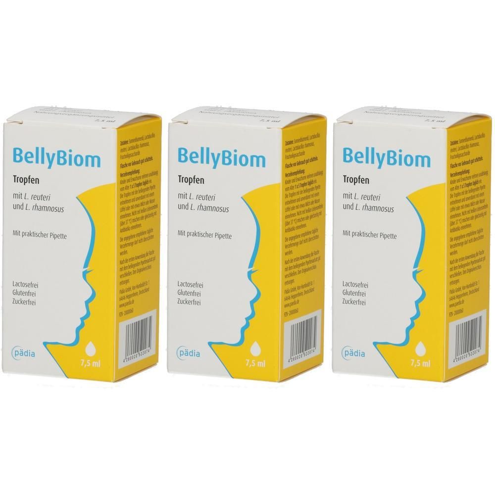 Drei Packungen BellyBiom Tropfen mit Pipette, 7,5 ml. Gelbe Kartons mit blauem Kopfprofil.