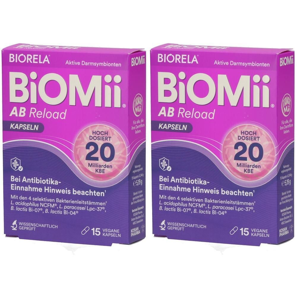 Zwei Packungen Biomi AB Reload Kapseln, 15 vegane Kapseln pro Packung, 20 Milliarden KBE.