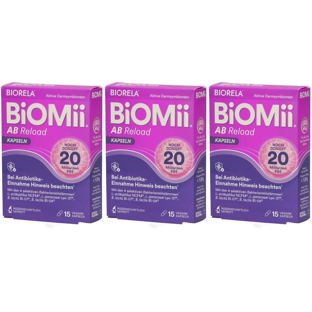 Drei Packungen BiOmii AB Reload Kapseln, lila Kartons mit 20 Kapseln und Informationen zu Bakterienstämmen.
