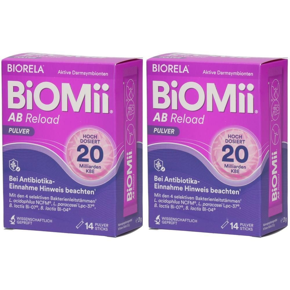 Zwei Packungen Biomi AB Reload Pulver, hochdosiert mit 20 Milliarden KBE pro Stick.