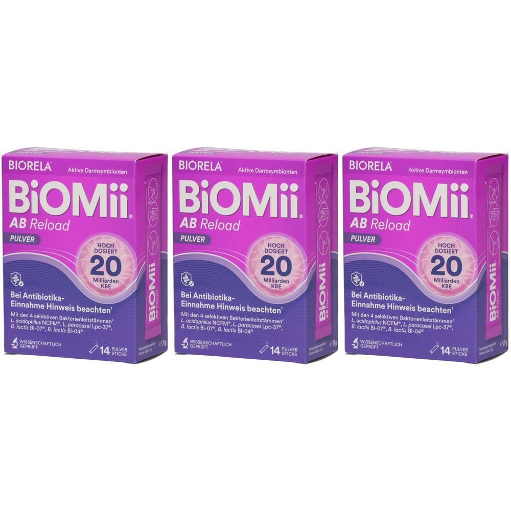 Drei Schachteln Biorela BioMii AB Reload Pulver mit je 20 Milliarden KBE pro 14 Beutel.