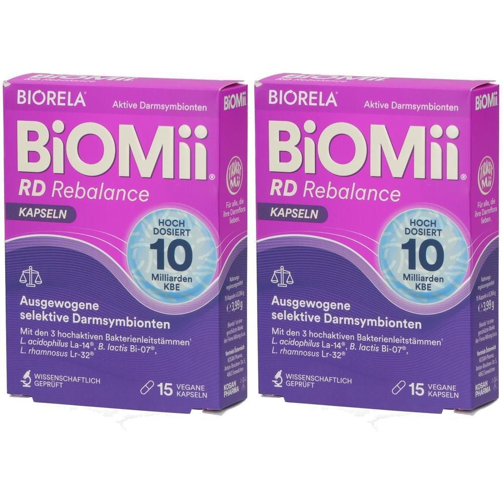 Zwei Packungen Biomei RD Rebalance Kapseln mit je 15 Kapseln. Jede Packung enthält 10 Milliarden KBE selektive Darmsymbionten.