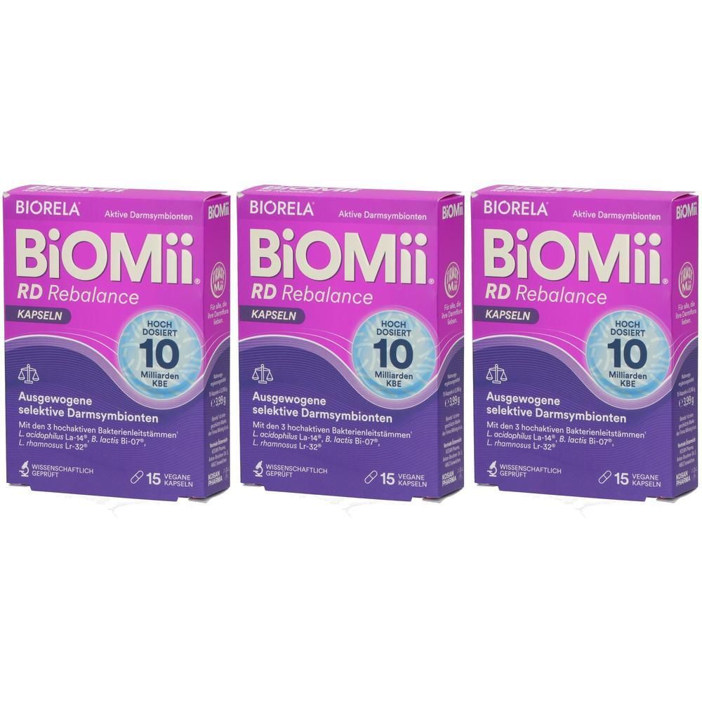 Drei Packungen Biomei RD Rebalance Kapseln mit 10 Milliarden KBE pro Tagesdosis.