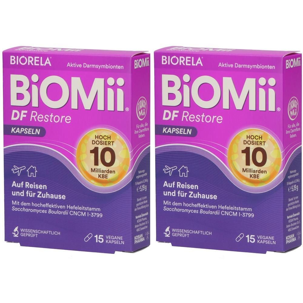 Zwei Packungen BiOMii DF Restore Kapseln mit je 15 veganen Kapseln. Hochdosiert mit 10 Milliarden KBE.