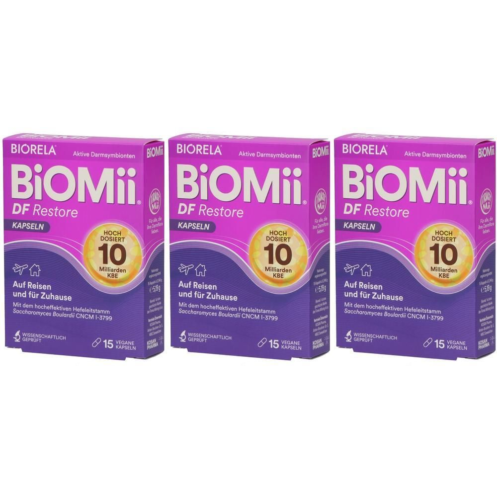 Drei Packungen BiOMii DF Restore Kapseln, lila Kartons mit weißen und gelben Schriftzügen, jeweils 15 Kapseln.