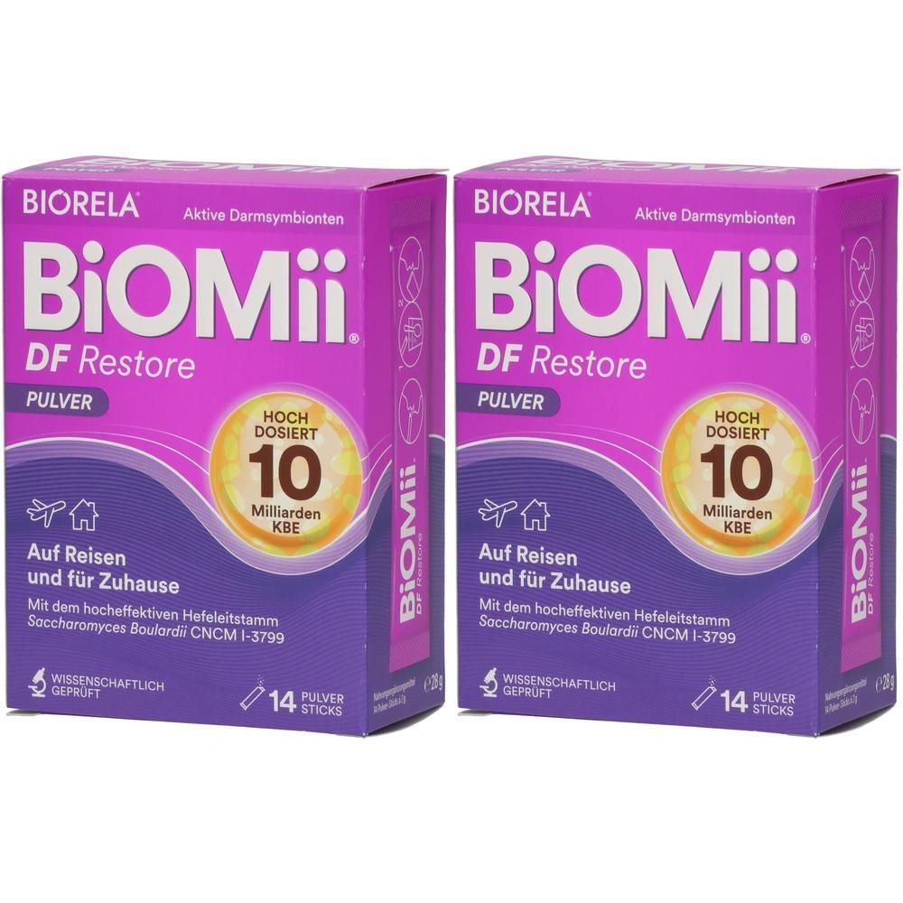 Zwei Packungen BiOmii DF Restore Pulver mit je 14 Sticks. Enthält 10 Milliarden KBE pro Stick.