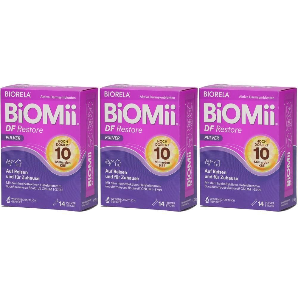 Drei Packungen Biomee DF Restore Pulver, lila Kartons mit gelbem Kreis und der Zahl 10.