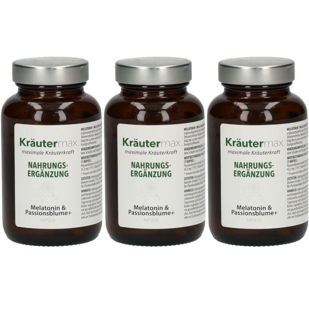 Drei braune Glasbehälter mit silbernen Schraubverschlüssen. Jede Flasche enthält Nahrungsergänzungsmittel mit Melatonin und Passionsblume.
