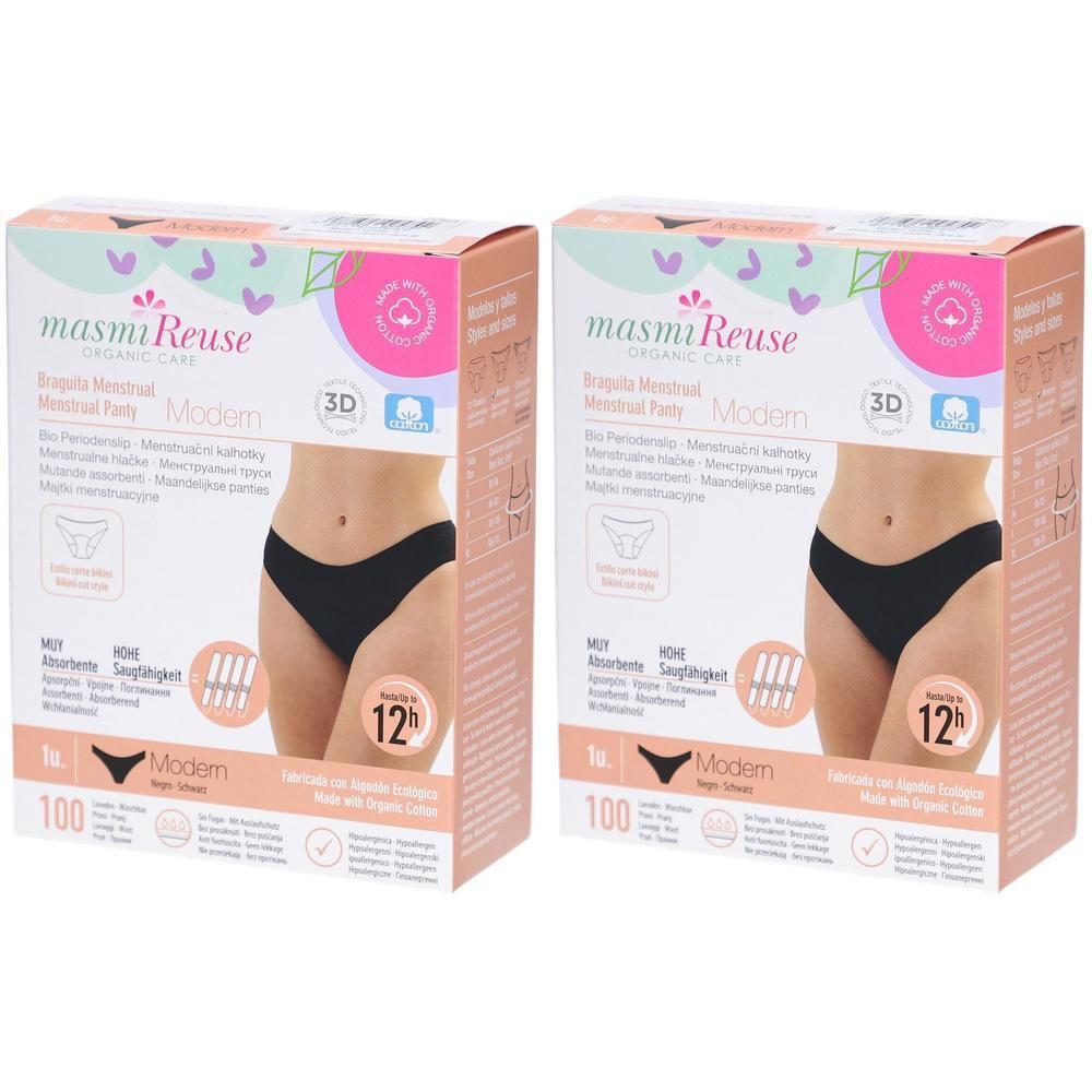 Zwei Packungen Periodenunterwäsche 'Modem' von Masmi Reuse. Schwarze Slips, 100% Bio-Baumwolle. Saugfähigkeit: Hoch. Bis zu 12h Schutz.
