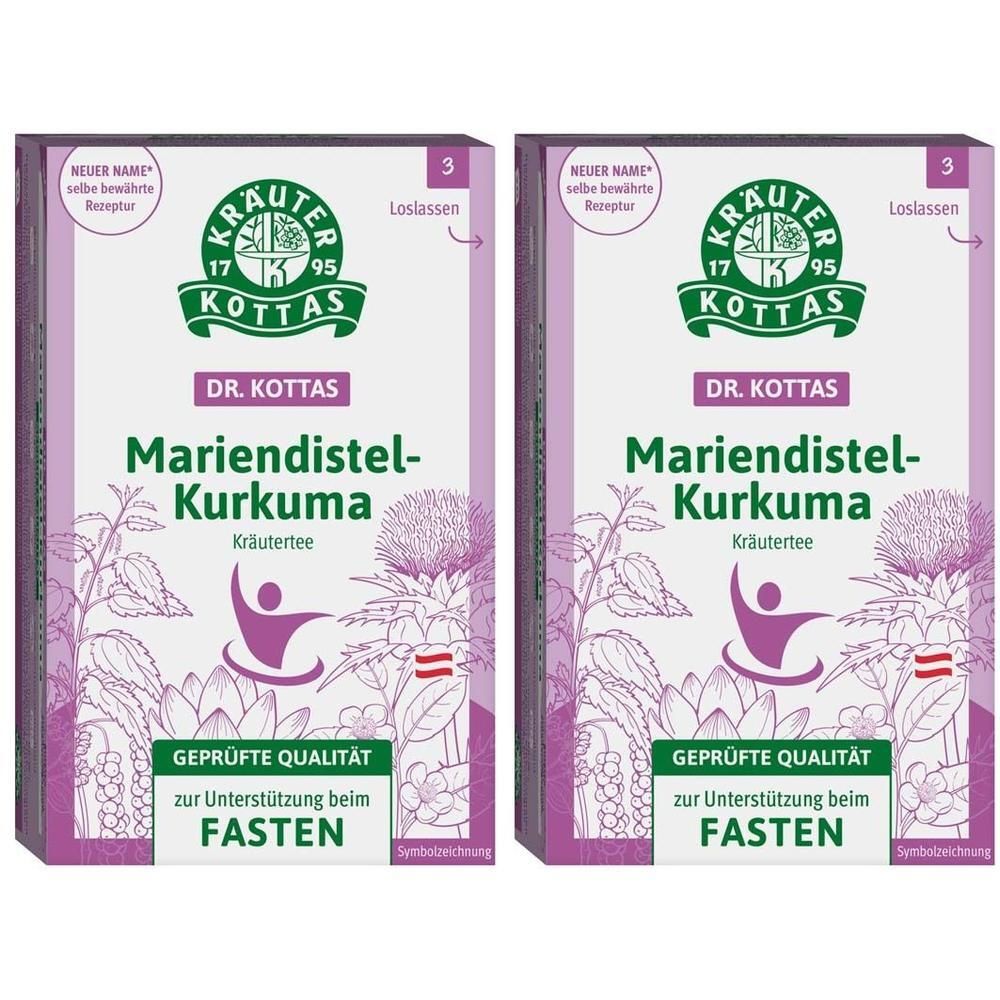 Zwei Packungen Dr. Kottas Mariendistel-Kurkuma Kräutertee, mit Abbildungen von Pflanzen und einer stilisierten Figur.