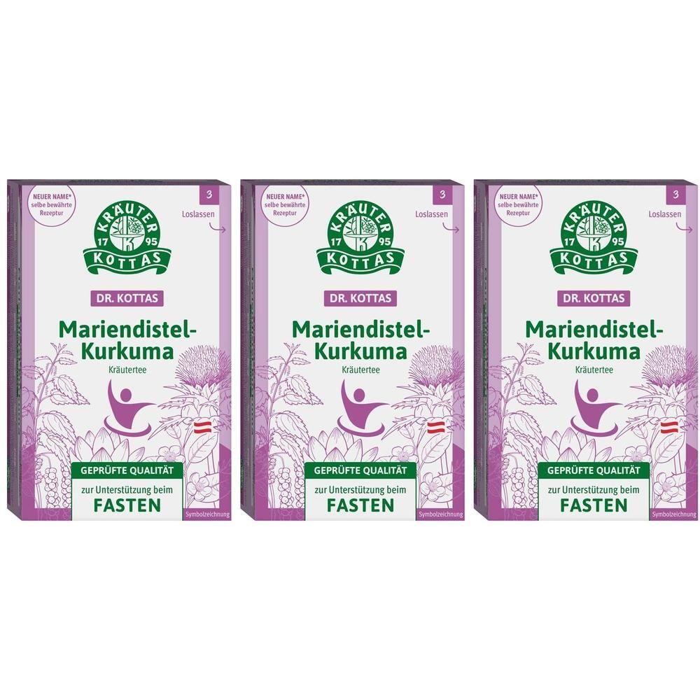 Drei Packungen DR. KOTTAS Mariendistel-Kurkuma Kräutertee mit Abbildung von Mariendistel und einer Person. Geprüfte Qualität.