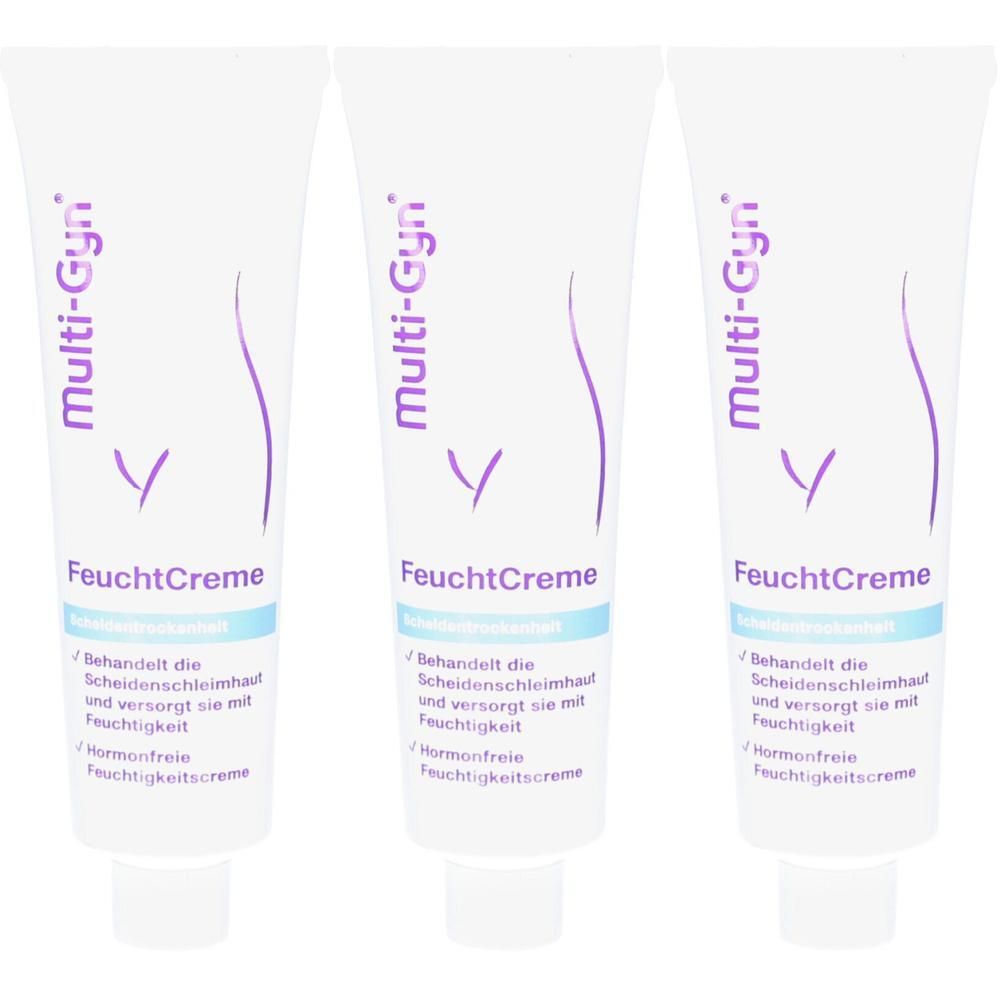 Drei Tuben Multi-Gyn FeuchtCreme mit weiblicher Silhouette und Text. Hormonfreie Feuchtigkeitscreme.