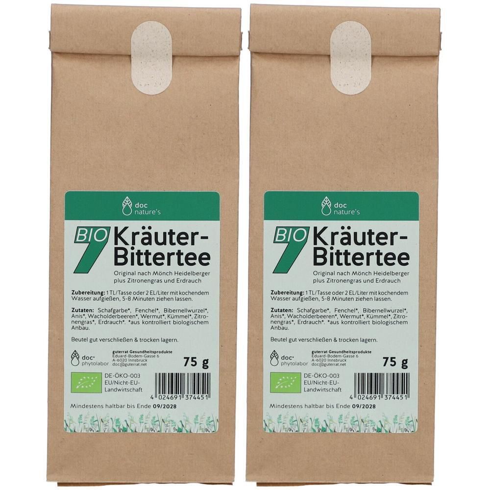 Zwei Packungen BIO 7 Kräuter-Bittertee von doc nature's, je 75g. Mit Bio-Siegel und Zutatenliste.