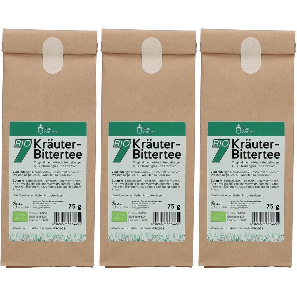 Drei Packungen BIO 7 Kräuter-Bittertee von doc nature's, je 75g. Braune Papierverpackung mit grünem Etikett.