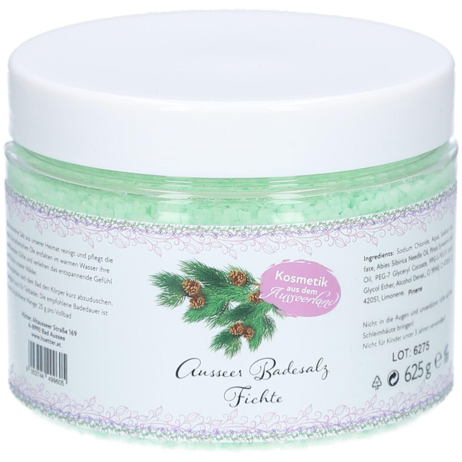Ein Behälter mit grünem Badesalz und Tannenzweigen-Illustration. Enthält 625g.