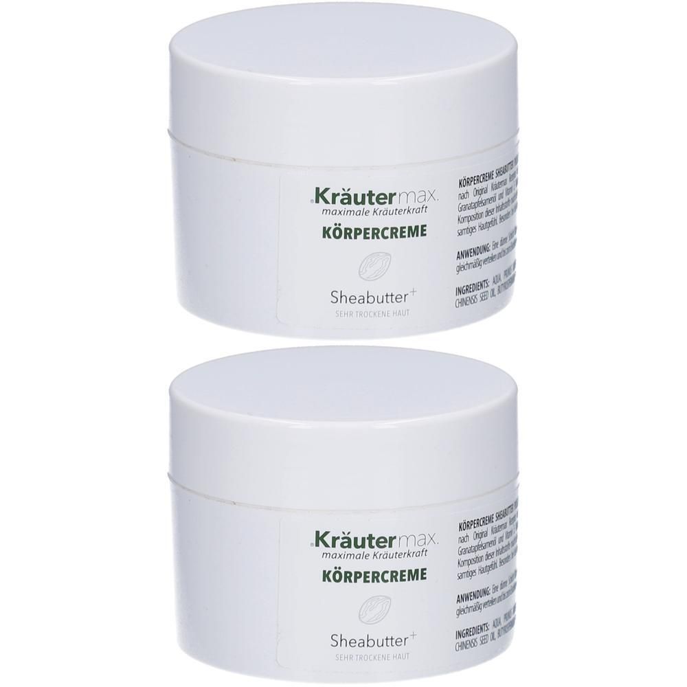 Zwei weiße Tiegel mit Kräutermax Körpercreme Sheabutter.