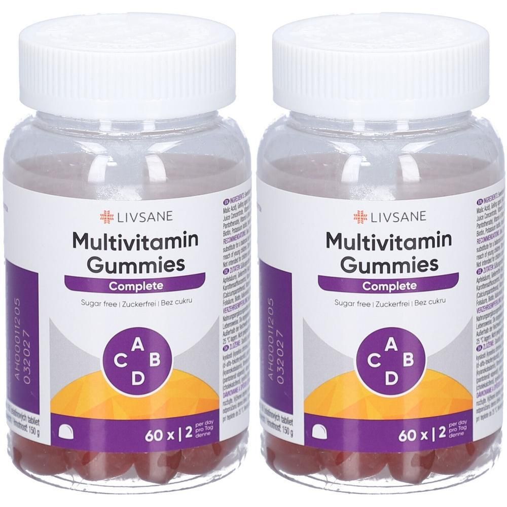 Zwei Flaschen LIVSANE Multivitamin Gummies Complete, zuckerfrei. Jede Flasche enthält 60 Gummibärchen.