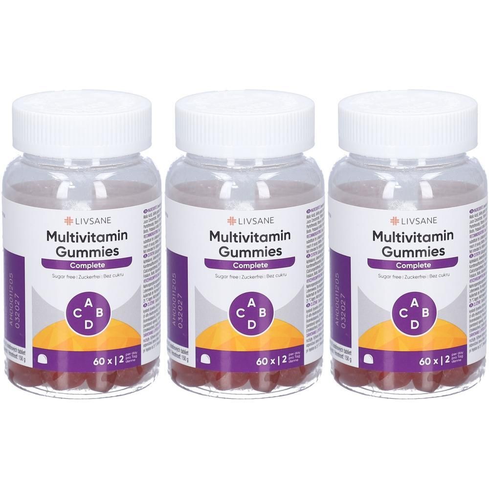 Drei Flaschen LIVSANE Multivitamin Gummies Complete, zuckerfrei. Jede Flasche enthält 60 Gummibärchen.