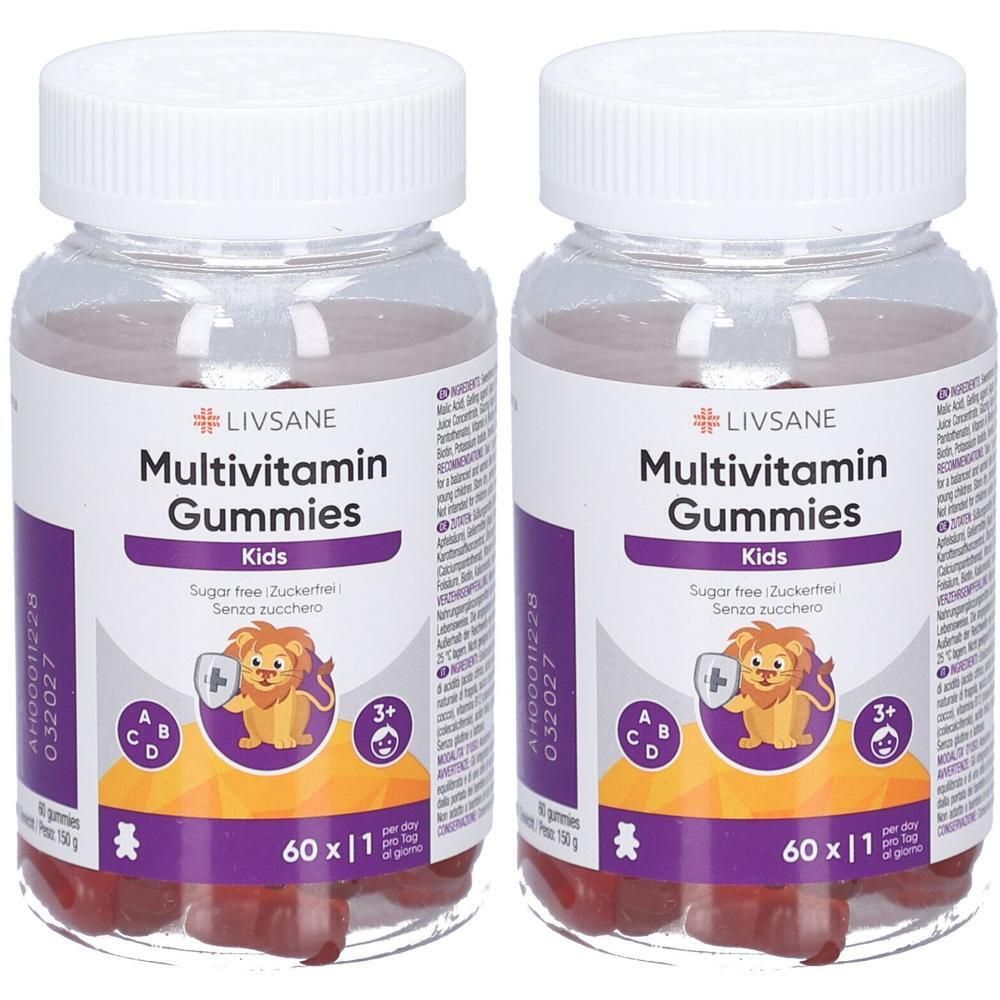 Zwei Flaschen LIVSANE Multivitamin Gummies für Kinder. Jede Flasche enthält 60 zuckerfreie Gummibärchen.